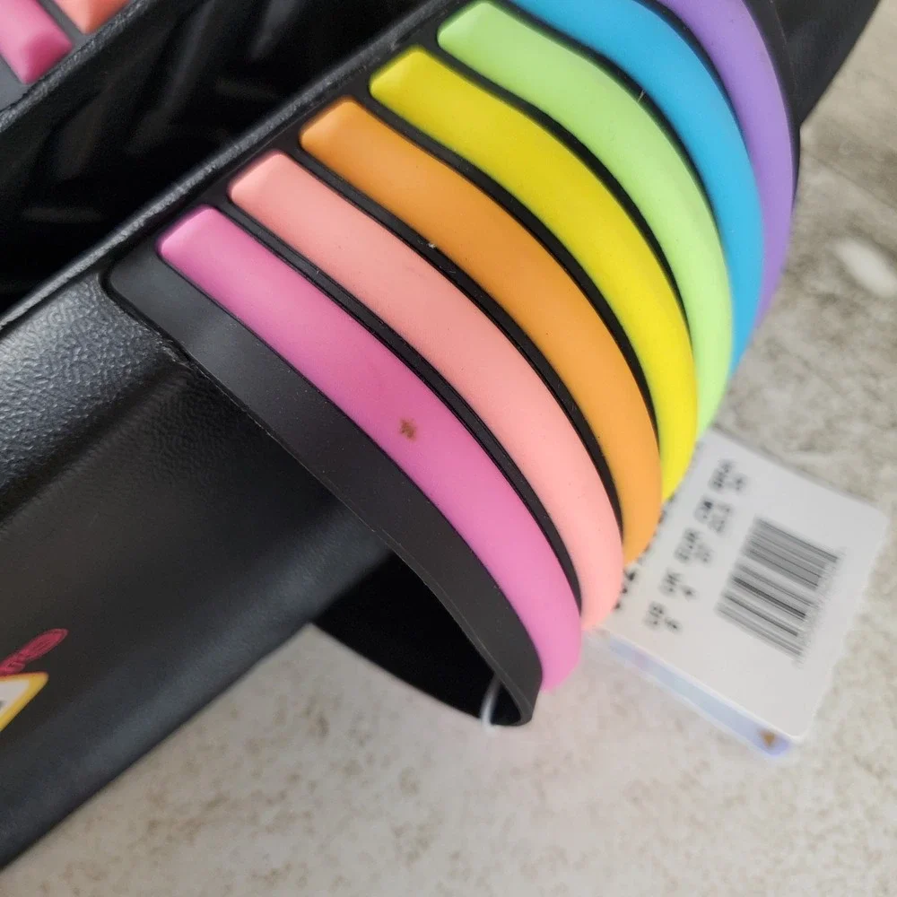 Skechers Girls Rainbow Slides Sandal Sz 5 Black Multi Striped Open Round Toe